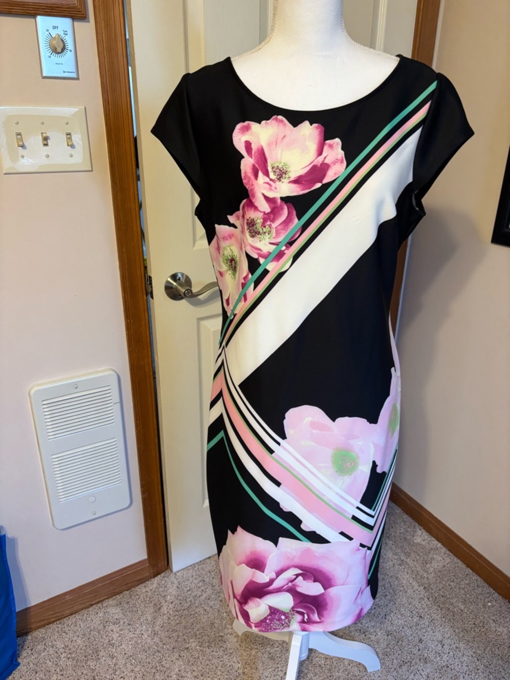 New York & Company Black Midi Dress with Pink Floral Print